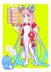 1girl absurdly_long_hair absurdres animal bamboo_steamer steamed_bun blue_eyes blue_hair bright_pupils commentary_request creature dress fish food food_in_mouth full_body green_background hand_on_own_hip highres liquid_hair long_hair looking_at_viewer mouth_hold off-shoulder_dress off_shoulder original pelvic_curtain pink_hair pointy_ears saadiya74 see-through_clothes see-through_sleeves sidelocks simple_background slime_(creature) solo spoken_object standing very_long_hair white_dress