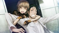 1boy 1girl amane_suzuha amane_suzuha_(beta) ammunition_pouch arms_around_neck beard_stubble black_hair blush body_armor braid brown_hair brown_pants bulletproof_vest camouflage camouflage_jacket clenched_teeth closed_eyes coat collar_tabs collarbone digital_camouflage eyelashes facial_hair fg204 fingerless_gloves game_cg gloves green_jacket grey_eyes hair_rings happy high_collar highres hug hug_from_behind huke implied_kidnapping jacket kidnapping lab_coat lapels light_blush load_bearing_vest long_sleeves looking_back messy_hair military_combat_uniform military_fatigues military_uniform nervous nervous_sweating non-web_source notched_lapels official_art okabe_rintarou open_mouth outstretched_arm pants pouch red_collar_tabs ringed_eyes shirt short_hair sideburns soldier square_pupils steins;gate steins;gate:_my_darling&#039;s_embrace stubble sweat t-shirt teeth time_machine tongue twin_braids twintails upper_teeth_only white_coat white_shirt woodland_camouflage yellow_gloves