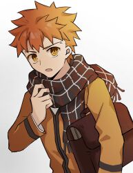 1boy bag black_scarf commentary emiya_shirou fate/stay_night fate_(series) highres holding holding_bag homurabara_academy_school_uniform jacket kikusang male_focus orange_eyes orange_hair orange_jacket plaid_clothes plaid_scarf scarf school_uniform solo upper_body