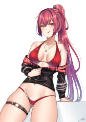 1girl absurdres bikini black_jacket breasts cleavage earrings gold_earrings gold_necklace heart heart_earrings heart_necklace heterochromia highres hololive houshou_marine houshou_marine_(summer) jacket jewelry large_breasts long_hair looking_at_viewer necklace nyctea_snow o-ring o-ring_thigh_strap official_alternate_costume ponytail red_bikini red_eyes red_hair red_jacket smile solo swimsuit thigh_strap tongue tongue_out two-sided_fabric two-sided_jacket very_long_hair virtual_youtuber yellow_eyes