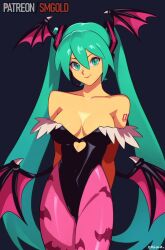 1girl animal_print bare_shoulders bat_print black_leotard breasts cleavage clothing_cutout collarbone cosplay cowboy_shot cutout_above_navel darkstalkers demon_girl demon_wings green_eyes green_hair hatsune_miku head_wings heart_cutout highres leotard long_hair low_wings medium_breasts morrigan_aensland morrigan_aensland_(cosplay) multiple_wings pantyhose print_pantyhose purple_pantyhose shoulder_tattoo simple_background smgold solo tattoo transparent_background twintails very_long_hair vocaloid wings