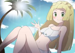 1girl absurdres alolan_exeggutor alolan_form araki_megami arm_support bikini blonde_hair blush braid cloud collarbone crown_braid fangs flat_chest gen_7_pokemon green_eyes highres lens_flare lillie_(pokemon) long_hair looking_at_viewer multiple_heads nintendo nipples open_mouth palm_tree pokemon pokemon_(creature) pokemon_sm sitting sky smile sun swimsuit tree waving white_bikini