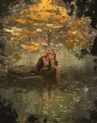 1boy 1girl autumn black_choker choker closed_eyes couple earrings faux_traditional_media hanny_(uirusu_chan) hetero highres hina_tachibana_(hanny) japanese_clothes jewelry kimono kiss long_hair mullet nature obi oil_painting_(medium) onmyoji original painting_(medium) raft red_hair reflection sash shokurei_(onmyoji) short_hair soaking_feet traditional_media tree water