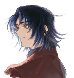 Rule 34 | 1boy, absurdres, athrun zala, blue hair, commentary request, green eyes, gundam, gundam seed, highres, jacket, looking to the side, male focus, red jacket, she (morianosu), short hair, simple background, smile, solo, upper body, white background