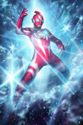 Rule 34 | 1boy, abs, absurdres, alien, arm up, armor, blue eyes, breastplate, collarbone, color timer, colored skin, commentary, compound eyes, diffraction spikes, dorsal fin, eye slugger, feet out of frame, glowing, glowing eyes, heavy lens flare, highres, legs apart, lens flare, light particles, looking ahead, male focus, multicolored skin, muscular, muscular male, nebula, non-circular lens flare, pectorals, red skin, robuja, silver skin, sky, solo, space, sparkle, sparkle background, standing, star (sky), starry sky, supernova (star), tokusatsu, two-tone skin, ultra series, ultraman omega, ultraman omega (series), wrinkled skin
