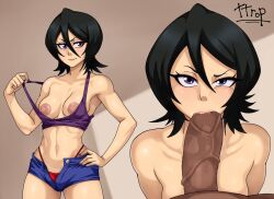 Rule 34 | 1boy, 1girl, artist name, bare shoulders, black hair, bleach, breasts, collarbone, dark-skinned male, dark skin, fellatio, hand on own hip, highres, kuchiki rukia, medium hair, nude, oral, penis, penis on face, short shorts, shorts, simple background, small breasts, thong, ttrop, variant set