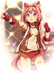 1girl animal_ears bandaid bandaid_on_leg blurry blurry_background breasts buruma clenched_hands commentary_request cropped_legs diffraction_spikes ear_covers fingerless_gloves gloves hair_intakes hand_up haru_urara_(umamusume) highres horse_ears horse_girl horse_tail jacket long_hair long_sleeves moko39_takasora open_clothes open_jacket open_mouth outstretched_arm pink_hair ponytail purple_eyes red_gloves shirt small_breasts solo tail umamusume white_jacket white_shirt