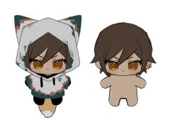 1girl :&lt; animal_ears brown_eyes brown_hair character_doll chibi doll e.g.o_(project_moon) ear_piercing fox_ears fox_tail limbus_company looking_at_viewer multiple_views outis_(project_moon) piercing project_moon raincoat simple_background sunshower_(e.g.o) tail white_background white_raincoat yippee