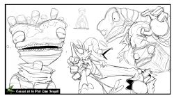 Rule 34 | 4boys, absurdres, angel (the gaslight district), artist name, black border, border, bread, breadhead, commentary, concept art, crazy eyes, crazy smile, dual persona, english commentary, english text, extra teeth, fewer digits, food, fulltimeseagull, glitch productions, grin, halo, highres, loaf of bread, lowered eyelids, monster boy, multiple boys, no pupils, official art, open mouth, second-party source, sketch, small pupils, smile, the gaslight district, thick arms, turtleneck, white background