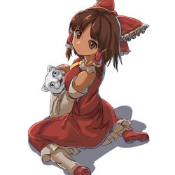 1girl animal benikurage_(cookie) bow breasts brown_eyes brown_hair cat closed_mouth commentary_request cookie_(touhou) detached_sleeves frilled_bow frills full_body hair_bow hakurei_reimu highres holding holding_animal holding_cat looking_at_viewer looking_back manatsu_no_yo_no_inmu medium_breasts medium_hair miura_cat nob1109 parted_bangs red_bow red_footwear red_shirt red_skirt shirt shoes simple_background sitting skirt sleeveless sleeveless_shirt socks touhou white_background white_cat white_legwear white_sleeves