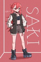 1girl ankle_boots belt black_boots black_tube_top blush_stickers bomber_jacket boots brown_belt brown_eyes brown_shorts character_name choker cornrows crop_top earrings flipped_hair full_body hair_between_eyes half_updo hands_in_pockets highres hiiro_(kiiro_ex) jacket jewelry kimi_no_koto_ga_dai_dai_dai_dai_daisuki_na_100-nin_no_kanojo long_sleeves looking_at_viewer midriff navel necklace parted_bangs platform_boots red_background red_choker red_hair shorts single_sidelock smile solo standing strapless tomogara_saki tube_top twitter_username v-shaped_eyebrows