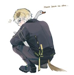 1boy ameinu animal_ears blonde_hair brown_hair dog_ears dog_tail highres jacket long_sleeves looking_back male_focus original pale_skin pants short_hair simple_background solo sonny_brisko squatting tail virtual_youtuber