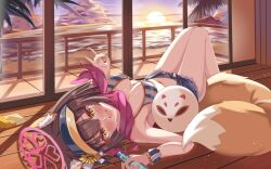 1girl :d absurdres animal_ears ball beachball bikini blue_archive blue_shorts breasts brown_hair cloud commentary_request fox_ears fox_girl fox_shadow_puppet fox_tail halo highres izuna_(blue_archive) izuna_(swimsuit)_(blue_archive) looking_at_viewer lying medium_breasts ocean official_alternate_costume on_back open_mouth pink_halo pink_scarf revision scarf scrunchie shorts sky smile striped_bikini striped_clothes summer sun sunset swimsuit tail visor_cap whitecatcat wrist_scrunchie