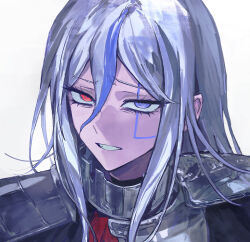 Rule 34 | 1girl, armor, blue streaks, chinese commentary, facial mark, gorget, grimace, heterochromia, highres, long hair, looking at viewer, portrait, purple eyes, red eyes, shoulder armor, simple background, smile, solo, the hundred line -last defense academy-, v&#039;ehxness, white background, white hair, yikousuuu