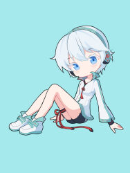 1girl bare_legs black_shorts blue_background blue_eyes boots cardiogram_print chibi chinese_knot colored_eyelashes flat_chest headphones headset highres jacket long_sleeves red_ribbon ribbon short_hair short_shorts shorts simple_background sitting thigh_strap tomboy white_boots white_eyelashes white_hair white_jacket wide_sleeves wristband yanhe yanhe_v3