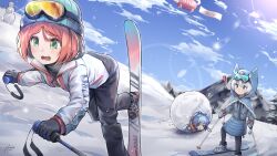! 1boy 2girls @_@ animal_hood aqua_eyes beanie black_pants blue_eyes blue_hair blue_headwear capelet chirou_(osu!) cloud crying dated day fur-trimmed_capelet fur_trim gloves goggles goggles_on_headwear green_eyes hat highres hood jacket knit_hat lens_flare mountain multiple_girls open_mouth osu! outdoors pants pink_hair pippi_(osu!) signature skiing skis snow snowman sun teeth tofumang triangle_mouth upper_teeth_only white_hair white_jacket yuzu_(osu!)