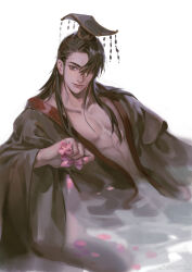 1boy beads black_hair black_hanfu black_hat chinese_clothes chinese_commentary closed_mouth erha_he_tadebai_mao_shizun flower grey_eyes guan_hat hair_over_one_eye haiwu_kehai hanfu hat highres holding holding_flower long_hair long_sleeves looking_at_viewer male_focus mian_guan mo_ran muscular muscular_male open_clothes partially_submerged petals pink_flower smile solo water white_background wide_sleeves