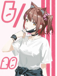 1girl :p animal_ear_fluff animal_ears birthday black_choker brown_eyes brown_hair cat_ears choker closed_mouth cobwvmeti commentary earrings hair_ornament hair_scrunchie hairclip hand_up hashtag-only_commentary highres idolmaster idolmaster_million_live! jewelry kasuga_mirai kemonomimi_mode looking_at_viewer mask mask_pull mouth_mask one_side_up pink_scrunchie ring scrunchie shirt short_hair short_sleeves solo sweatband tongue tongue_out upper_body white_shirt