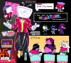 1girl 1other 2boys ant_tenna armor artist_name belt black_overalls black_pants black_shoes blue_skin blush_stickers cape clowns0up-felix colored_skin commentary crossed_arms deltarune english_commentary english_text fedora furry furry_female furry_male game_screenshot_inset gloves green-framed_eyewear green_shirt green_shoes grey_shirt hat highres jacket kris_(deltarune) multiple_boys multiple_views necktie object_head open_clothes open_jacket overalls pants pink_cape pink_scarf pink_skin pointy_nose purple_hair purple_necktie purple_pants ralsei red_necktie round_eyewear scarf shirt shoes smile spiked_wristband striped_clothes striped_jacket striped_pants susie_(deltarune) suspenders tailcoat teeth vertical-striped_clothes vertical-striped_jacket vertical-striped_pants white_gloves yellow_necktie yellow_shoes