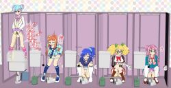 Rule 34 | aikatsu! (series), aikatsu friends!, aikatsu stars!, blonde hair, blue hair, brown hair, censored, chono maika, closed eyes, hanazono kirara, heart, kiriya aoi, mi hpf, multicolored hair, multiple girls, panties, panty pull, peeing, pink hair, public bathroom, pussy, relief, saegusa kii, saotome ako, school uniform, spoken heart, squat toilet, squatting, standing, streaked hair, toilet use, underwear, you&#039;re doing it wrong