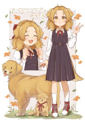 Rule 34 | 0nanaten, 1girl, :3, absurdres, ahoge, animal ears, belt, blonde hair, bow, clenched hands, closed mouth, diorama, dog, dog ears, dog girl, dog tail, dress, falling leaves, flower, forehead, full body, grey belt, grey dress, hair bow, happy, highres, leaf, long sleeves, looking at viewer, medium hair, multiple views, neck ribbon, open mouth, orange flower, original, parted bangs, personification, pinafore dress, red bow, red footwear, red ribbon, ribbon, shirt, sleeveless, sleeveless dress, smile, socks, solo, tail, v, white shirt, white socks, yellow eyes