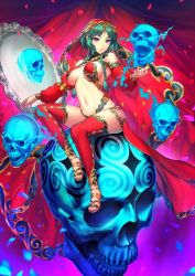 1girl :3 artist_request blush braid crystal_skull detached_sleeves fate/grand_order fate_(series) floating full_body green_hair highres holding holding_skull jewish_(nationality) long_hair long_sleeves nail_polish navel official_art pink_eyes revealing_clothes salome_(fate) shimokoshi simosi sitting skull smile solo twin_braids