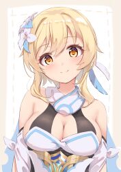 Rule 34 | 1girl, absurdres, bare shoulders, blonde hair, blue feathers, border, breasts, cleavage, closed mouth, commentary request, detached sleeves, dress, feather hair ornament, feathers, flower, genshin impact, hair between eyes, hair flower, hair ornament, halter dress, halterneck, highres, large breasts, looking at viewer, lumine (genshin impact), outside border, sazanka, scarf, short hair, sidelocks, smile, solo, split mouth, white background, white feathers, white flower, white scarf, white sleeves, yellow border, yellow eyes