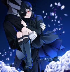 Rule 34 | 2boys, absurdres, age difference, bishounen, black suit, blush, bow, butler, ciel phantomhive, closed mouth, earrings, eyepatch, formal clothes, gloves, highres, jewelry, kuroshitsuji, long sleeves, male focus, multiple boys, onii-shota, ouji fashion, red eyes, sebastian michaelis, short hair, suit, uneasywolf, victorian