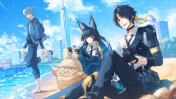 Rule 34 | 1girl, 2boys, :d, absurdres, aoiro oto, asaba harumasa, barefoot, beach, black choker, black gloves, black hair, black necktie, black pants, blue sky, building, choker, cloud, collared shirt, day, earrings, expressionless, fingerless gloves, gloves, green eyes, green jacket, grey hair, guest art, headband, highres, holding, holding seashell, holding shoes, holding unworn clothes, hoshimi miyabi, jacket, jewelry, looking at viewer, multiple boys, necktie, ocean, open mouth, outdoors, pants, red eyes, removing shoes, sand sculpture, shirt, shoes, sky, skyscraper, smile, unworn shoes, white shirt, wise (zenless zone zero), yellow eyes, yellow gloves, yellow headband, zenless zone zero