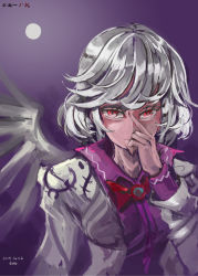 1girl 2015 bow bowtie breasts brooch covering_own_mouth dark dated dress expressionless eyelashes female_focus finger_to_face full_moon hand_over_own_mouth highres jacket jewelry kishin_sagume long_sleeves looking_at_viewer moon moonlight nyuu_(manekin-eko) purple_dress red_bow red_eyes short_hair silver_hair single_wing sketch solo time touhou upper_body wings