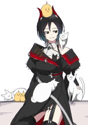 1girl animal animal_on_shoulder azur_lane bare_shoulders bird black_coat black_hair black_thighhighs cat coat cross garter_straps hair_between_eyes hatski.sin highres horns iron_cross long_sleeves looking_to_the_side manjuu_(azur_lane) mechanical_horns multicolored_hair off_shoulder on_head red_horns short_hair simple_background smile solo thighhighs two-tone_hair ulrich_von_hutten_(azur_lane) white_background white_cat yellow_eyes