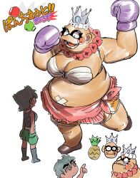 2girls bald bandages black_hair blush_stickers boxing_gloves bra breasts crown dancho_no_mori fat fat_woman flower flower_necklace food fruit genderswap genderswap_(mtf) jewelry king_hippo large_breasts lei little_mac medium_breasts multiple_girls necklace nintendo open_mouth pineapple punch-out!! sargon short_hair shorts smile tank_top underwear