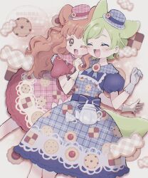 2girls :d ;d animal_ears artist_name blue_dress blue_hat blush chii_(chi_pppuri) chromatic_aberration colored_eyelashes cookie cookie_print copyright_notice dot_nose dress food food-themed_clothes food_print gloves green_hair hand_on_another&#039;s_shoulder hands_up happy hat highres himitsu_no_aipri long_hair looking_at_another medium_dress mitsuba_airi multiple_girls one_eye_closed open_mouth orange_eyes orange_hair plaid_clothes plaid_dress plaid_hat pretty_series puffy_short_sleeves puffy_sleeves red_dress red_hat shinomiya_rinrin short_hair short_sleeves smile tail twitter_username watermark wavy_hair white_gloves