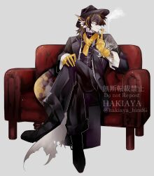1boy absurdres arknights black_coat black_hat black_pants black_shoes blonde_hair brown_hair cigarette coat commentary couch crossed_legs fedora fins fish_tail furry furry_male gloves grey_background hat head_wings highres holding holding_cigarette lee_(arknights) looking_at_viewer male_focus multicolored_hair pants scales scarf senjunamako_(hakiaya) shoes short_hair simple_background smile smoke smoking solo streaked_hair tail twitter_username watermark wings yellow_eyes yellow_gloves yellow_scarf