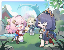 1boy 2girls artist_name barefoot belt black_boots blue_belt blue_eyes boots bubble_tea cat_princess chibi chinese_clothes chinese_commentary commentary_request cup disposable_cup drinking_straw full_body hair_ornament hairpin honkai:_star_rail honkai_(series) jacket march_7th_(honkai:_star_rail) march_7th_(hunt)_(honkai:_star_rail) medium_hair multicolored_eyes multiple_girls official_alternate_costume official_alternate_hairstyle open_mouth pink_eyes pink_hair puffy_sleeves red_jacket shuangyaji sparkling_eyes thighhighs two-tone_eyes white_boots white_sleeves white_thighhighs yanqing_(honkai:_star_rail) yunli_(honkai:_star_rail)