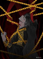 Rule 34 | 1boy, adam&#039;s apple, black hair, black hanbok, body writing, chain, chinese clothes, clenched hand, derivative work, disembodied hand, earrings, expressionless, falling shark, floating earrings, from side, glowing, glowing eyes, gold chain, half updo, hanbok, hanfu, high ponytail, holding, holding chain, jewelry, jinhongi, korean clothes, korean commentary, long hair, long sleeves, looking up, male focus, mita (jinhongi), parted lips, ponytail, solo, zaha, zhijupao