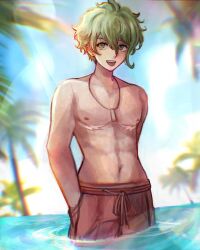 1boy :d amami_rantaro collarbone danganronpa_(series) danganronpa_v3:_killing_harmony day ear_piercing earrings green_eyes green_hair hair_between_eyes highres jewelry male_focus male_swimwear navel necklace open_mouth outdoors palm_tree piercing red_male_swimwear short_hair smile solo stomach tongue_piercing topless_male tree vixx_(vixiolatte) wading water