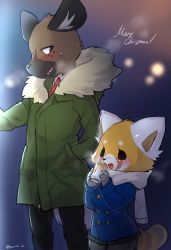 1boy 1girl aggressive_retsuko black_eyes blush coat furry haida_(aggretsuko) highres hyena merry_christmas necktie open_mouth pants red_panda retsuko scarf size_difference suurin_(ksyaro) tail vest winter_clothes