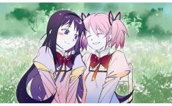 2girls akemi_homura black_hair black_hairband blush bow chair closed_eyes colored_eyelashes field flower flower_field grin hair_ribbon hairband highres kaname_madoka long_hair looking_at_another mahou_shoujo_madoka_magica mahou_shoujo_madoka_magica_(anime) mitakihara_school_uniform multiple_girls pink_hair purple_eyes red_bow red_ribbon ribbon school_uniform short_twintails sitting sleep_seaweed smile twintails yuri