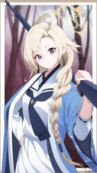 1girl absurdres arisaka ayame_(blue_archive) blonde_hair blue_archive bolt_action braid gun halo highres holding holding_gun holding_weapon kdu purple_eyes rifle single_braid smile solo weapon yellow_halo