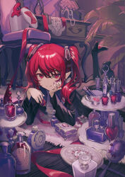 Rule 34 | 1girl, black shirt, black shoes, bottle, closed mouth, feet up, hemorina, high heels, highres, long sleeves, looking at viewer, lying, nail polish, on stomach, original, perfume bottle, pointy ears, purple nails, red eyes, red hair, shirt, shoes, short hair, smile, solo, the pose, twintails