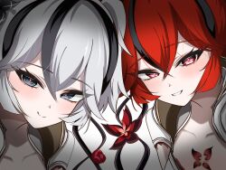 2girls absurdres black_eyes black_flower blake_bloom_(wuthering_waves) bunchosan_dayo camellya_(wuthering_waves) closed_mouth collar collarbone commentary dual_persona english_commentary flower flower-shaped_pupils flower_on_chest hair_between_eyes hair_flower hair_ornament hair_ribbon hair_vines highres looking_at_viewer multiple_girls official_alternate_color parted_lips red_eyes red_flower red_hair red_petals red_pupils red_ribbon ribbon short_hair simple_background smile symbol-shaped_pupils tacet_mark_(wuthering_waves) upper_body white_background white_collar wuthering_waves
