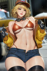 1girl bikini bikini_top_only black_gloves blonde_hair blurry blurry_background breasts cameltoe cindy_aurum cleavage curly_hair final_fantasy final_fantasy_xv gloves goggles goggles_around_neck green_eyes hat highres jacket large_breasts navel_piercing neoartcore off_shoulder open_fly paid_reward_available panty_straps piercing short_hair short_shorts shorts smile solo swimsuit thigh_gap thighhighs thong toned toned_female yellow_jacket