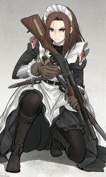 1girl apron aqua_eyes asterisk_kome black_dress black_pantyhose boots brown_gloves brown_hair dagger dress gina_wallace gloves gun heroes_of_order highres holding holding_gun holding_weapon knife maid maid_apron maid_headdress on_one_knee pantyhose pump_action scabbard sheath shotgun shotgun_shell solo sword weapon winchester_model_1897