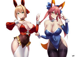 2girls animal_ear_fluff animal_ears bare_shoulders blonde_hair blue_bow bow braid breasts choker cleavage covered_navel detached_collar detached_sleeves fate/extra fate/grand_order fate_(series) fox_ears fox_girl fox_tail french_braid gradient_background green_eyes hair_between_eyes hair_bow hand_on_own_chest highres kurozawa_yui large_breasts legs_together long_hair looking_at_viewer multiple_girls nail_polish nero_claudius_(fate) nero_claudius_(fate/extra) pink_hair rabbit_ears sidelocks smile tail tamamo_(fate) tamamo_no_mae_(fate/extra) twintails yellow_eyes