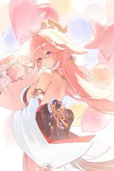 Rule 34 | 1girl, animal ears, balloon, bare shoulders, birthday, blush, bouquet, breasts, closed mouth, detached sleeves, earrings, flower, fox ears, from behind, genshin impact, hair between eyes, hair ornament, happy birthday, heart balloon, highres, holding, holding bouquet, hyujjo, japanese clothes, jewelry, large breasts, long hair, long sleeves, looking at viewer, looking back, pink flower, pink rose, rose, shirt, sideboob, smile, solo, very long hair, white shirt, wide sleeves, yae miko