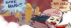 1girl =_= alternate_costume blue_hair dawn_(pokemon) english_text gen_4_pokemon hat incoming_hug jonathan_kim legendary_pokemon long_hair nintendo non-web_source pokemon pokemon_(creature) regigigas scarf
