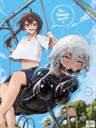 ... 2girls ahoge alterkyon ball_gag black_bodysuit bodysuit breasts brown_hair cloud cloudy_sky gag grey_eyes highres human_chair human_furniture latex latex_bodysuit long_hair long_sidelocks multiple_girls on_swing open_mouth original outdoors park playground red_eyes shirt sidelocks sitting sitting_on_person skin_tight sky speech_bubble swing swing_set swinging_on_swing teeth twintails upper_teeth_only white_hair white_shirt
