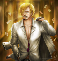 1boy absurdres artist_logo artist_name aueysupaluk belt blonde_hair card cigarette clenched_teeth commentary curly_eyebrows deviantart_username english_commentary facebook_username hair_over_one_eye hand_in_pocket highres logo long_sleeves looking_at_viewer male_focus official_alternate_costume one_eye_covered one_piece one_piece_film:_gold purple-tinted_eyewear realistic sanji_(one_piece) shirt short_hair smile smoke solo sunglasses teeth tinted_eyewear watermark web_address white_shirt yellow-framed_eyewear