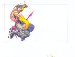 Rule 34 | 1boy, baggy pants, bridal gauntlets, brown hair, chinese clothes, clenched hands, game cg, highres, jumping, looking at viewer, looking down, male focus, muscular, nishimura kinu, non-web source, official art, pants, roller skates, shoes, siblings, simple background, skates, sleeveless, solo, street fighter, street fighter iii (series), white background, yang lee